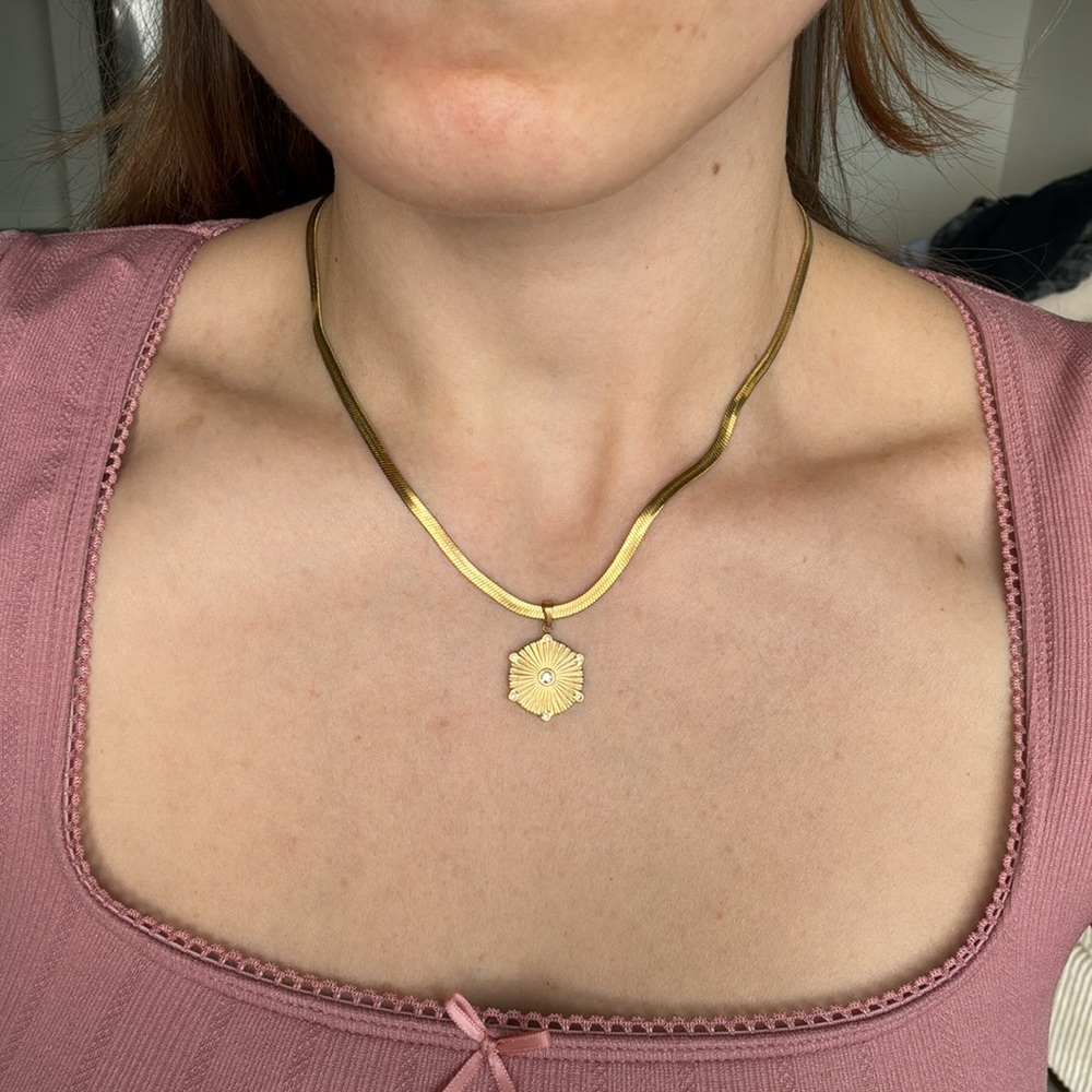 gold stainless steel tarnish free snake herringbone necklace choker cz pendant - Picture 2 of 3